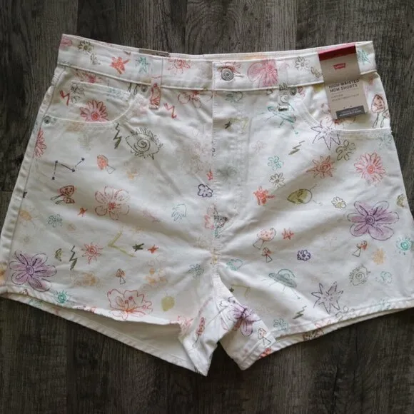 NWT Levi's High Rise Relaxed Mom Cream Denim Jean Shorts Space Doodle