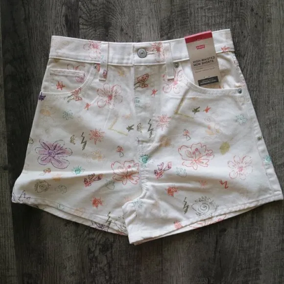 NWT Levi's High Rise Relaxed Mom Cream Denim Jean Shorts Space Doodle