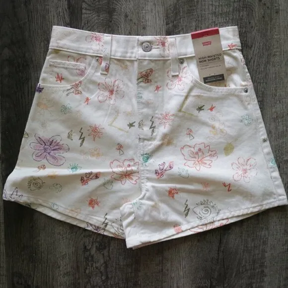 NWT Levi's High Rise Relaxed Mom Cream Denim Jean Shorts Space Doodle