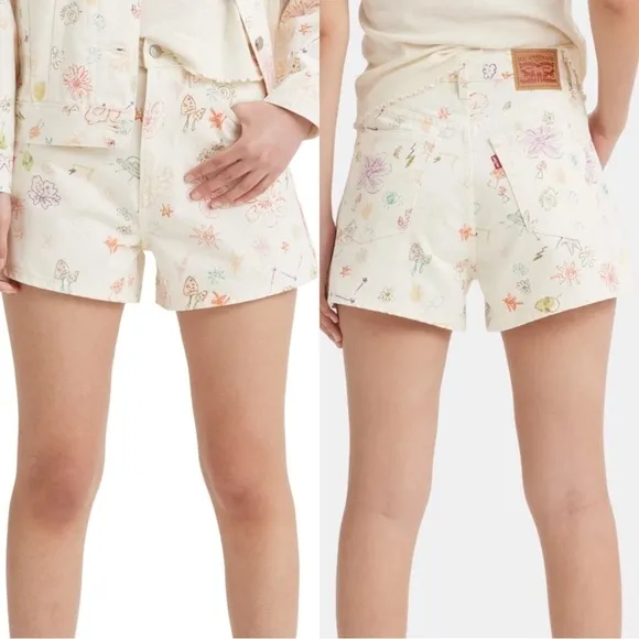 NWT Levi's High Rise Relaxed Mom Cream Denim Jean Shorts Space Doodle