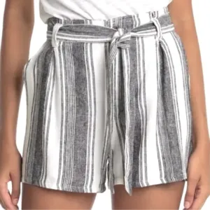 NWT Mauby Stony Black White Stripe Linen Pleated Belted Shorts - Small