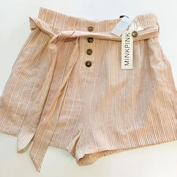 NWT Mink Pink White Pink Striped High Paper Bag Waist Mom Bermuda Dress Shorts S