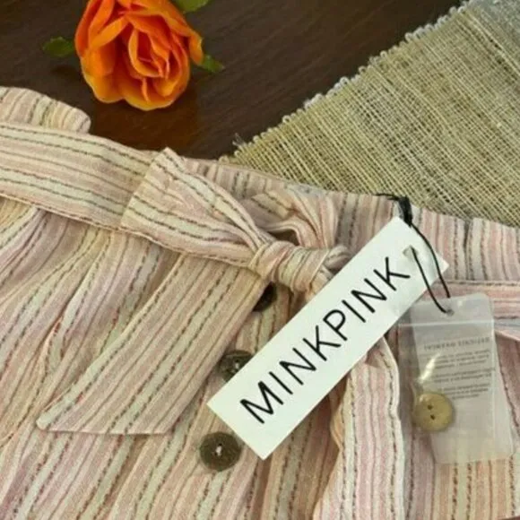 NWT Mink Pink White Pink Striped High Paper Bag Waist Mom Bermuda Dress Shorts S