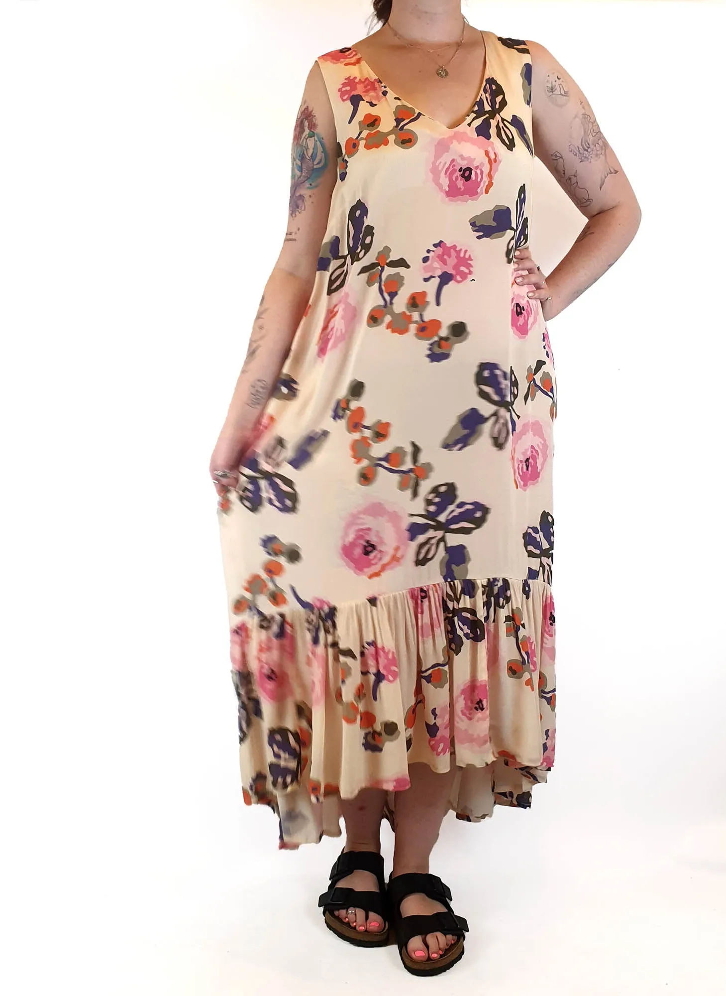 Obus cream maxi sleeveless maxi dress with pretty floral print size 3 (best fits size 12)