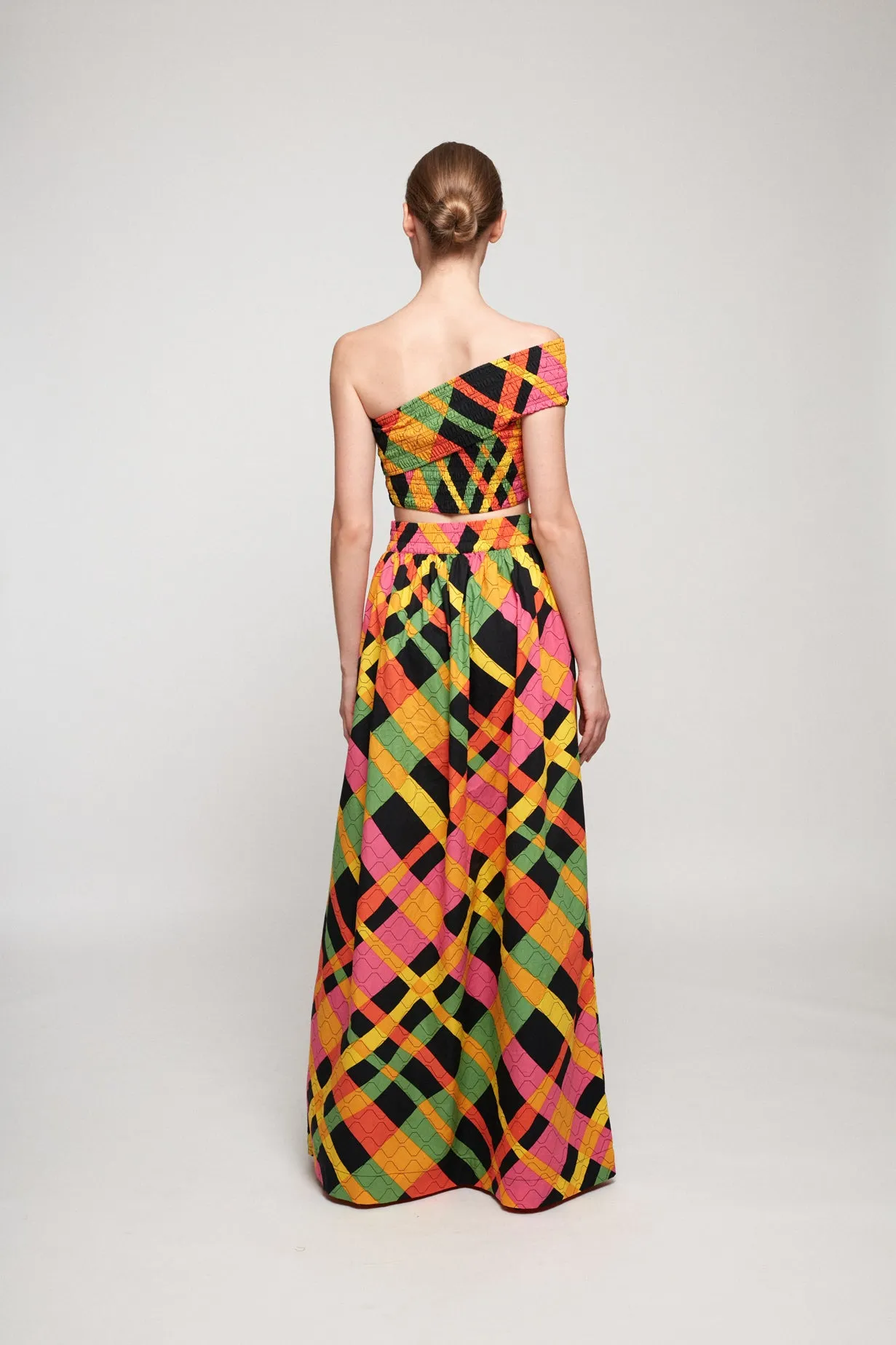 One Shoulder Shirred Top | Maxi Skirt