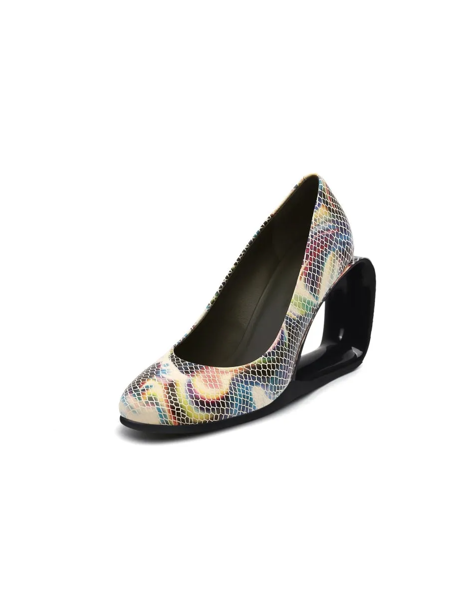 Open Triangle-Heel Leather Pump - Multi Snake