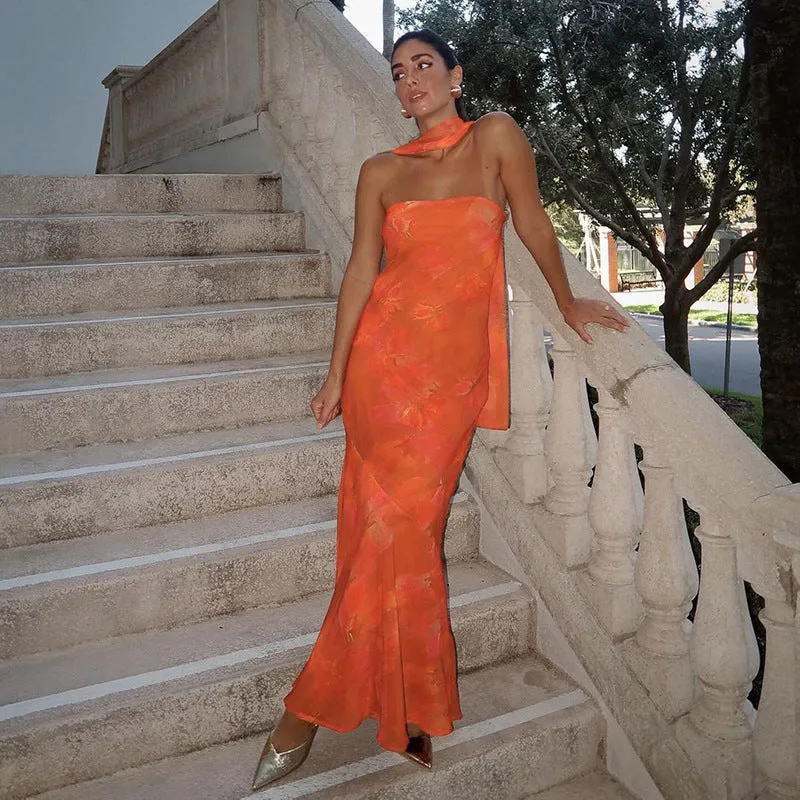 Orange Printed Tube Maxi Dress