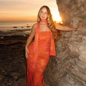 Orange Printed Tube Maxi Dress