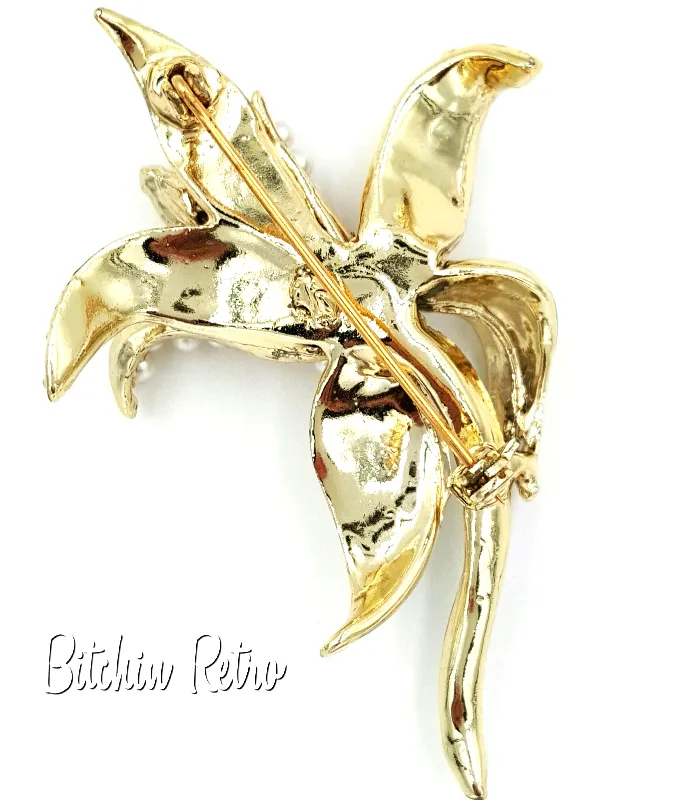 Orchid Rhinestone and Pearl Brooch  Vintage Flower Pin
