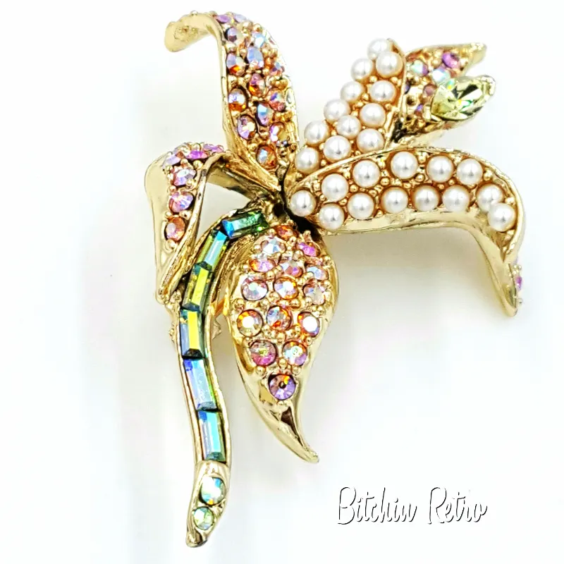 Orchid Rhinestone and Pearl Brooch  Vintage Flower Pin