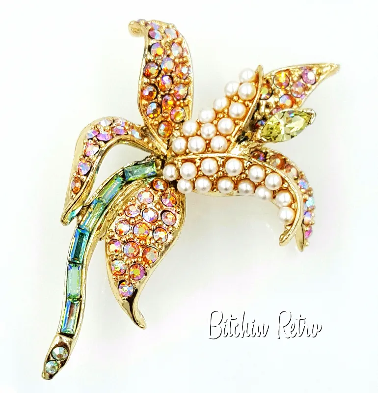 Orchid Rhinestone and Pearl Brooch  Vintage Flower Pin