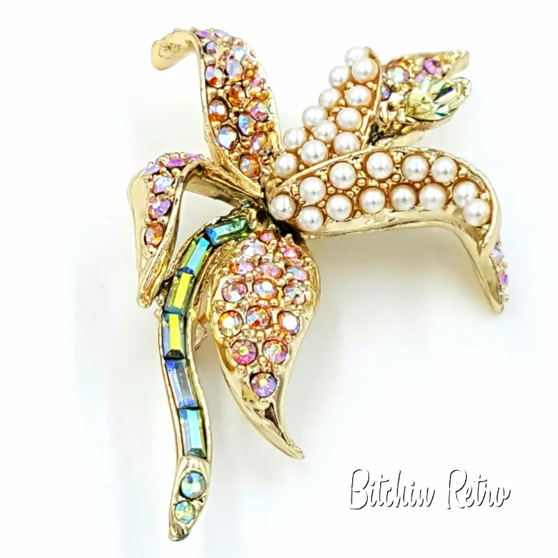 Orchid Rhinestone and Pearl Brooch  Vintage Flower Pin