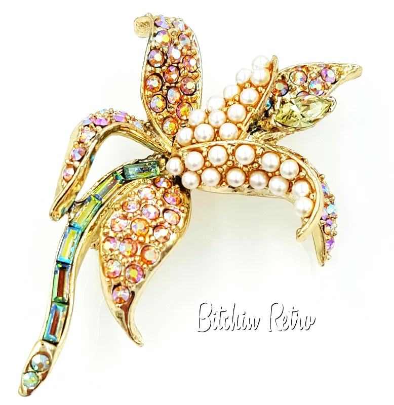 Orchid Rhinestone and Pearl Brooch  Vintage Flower Pin