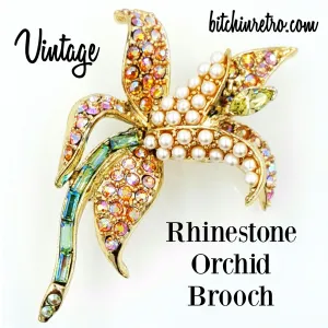 Orchid Rhinestone and Pearl Brooch  Vintage Flower Pin