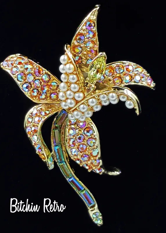 Orchid Rhinestone and Pearl Brooch  Vintage Flower Pin