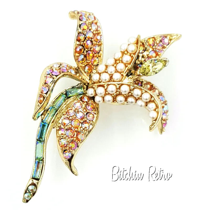 Orchid Rhinestone and Pearl Brooch  Vintage Flower Pin