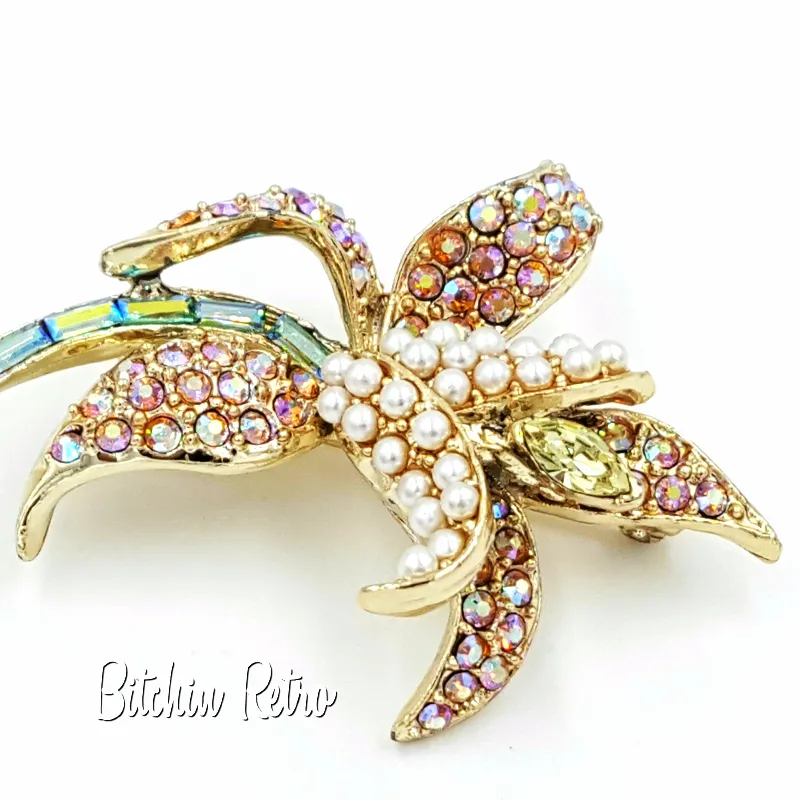 Orchid Rhinestone and Pearl Brooch  Vintage Flower Pin