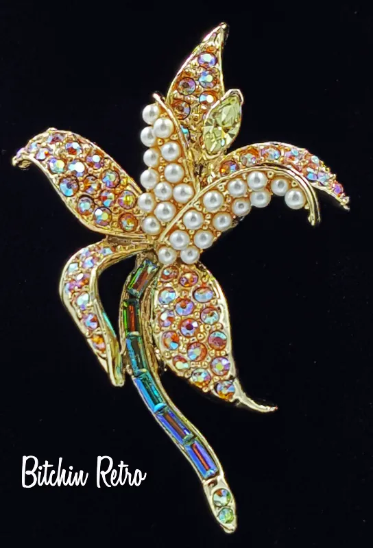 Orchid Rhinestone and Pearl Brooch  Vintage Flower Pin