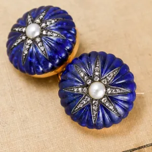 Pair of Victorian Pearl Diamond & Lapis Star Brooches