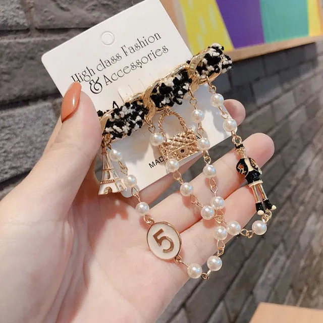 Pearl 5 Eiffel Tower Chain Brooch