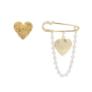 Pearl & 18K Gold-Plated Chain Heart Brooch - Set Of Two