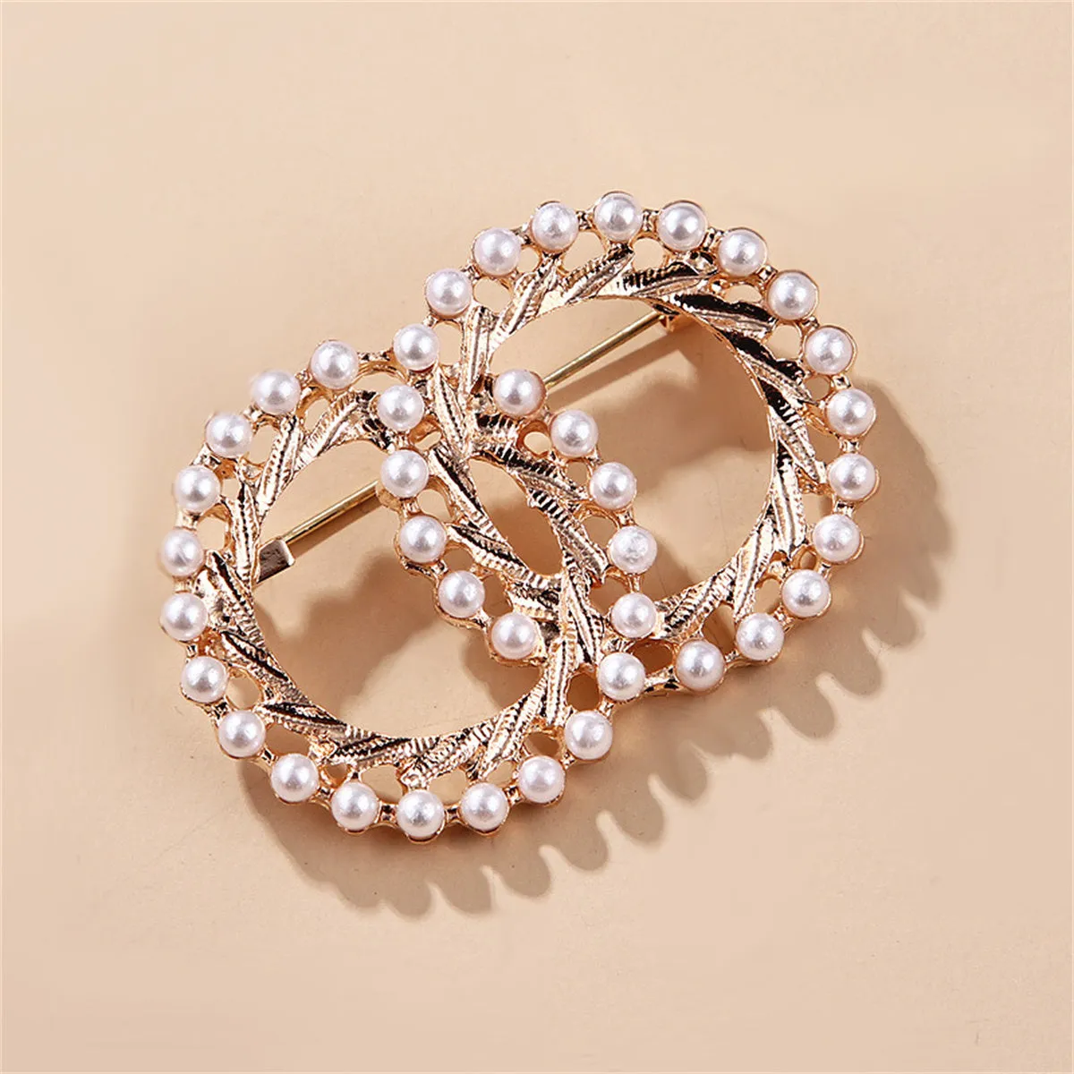 Pearl & 18K Gold-Plated Double Ring Brooch