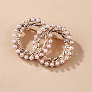 Pearl & 18K Gold-Plated Double Ring Brooch