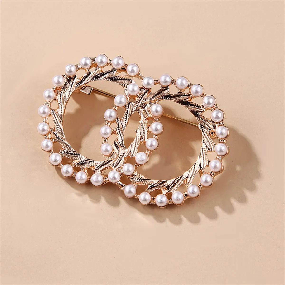 Pearl & 18K Gold-Plated Double Ring Brooch