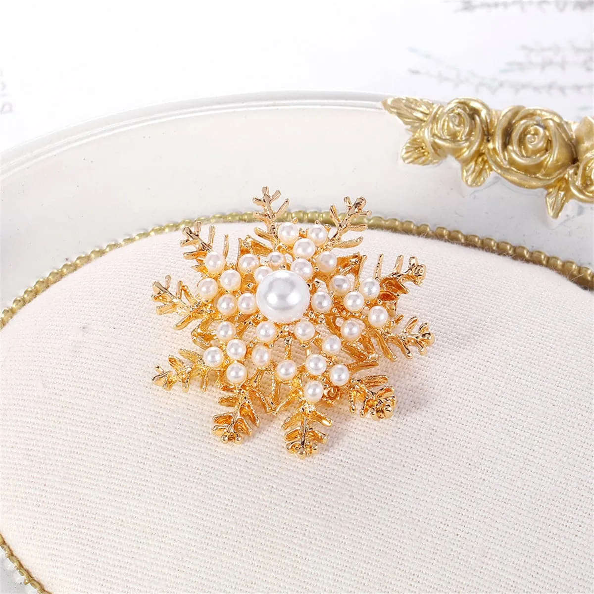 Pearl & 18K Gold-Plated Snowflake Brooch