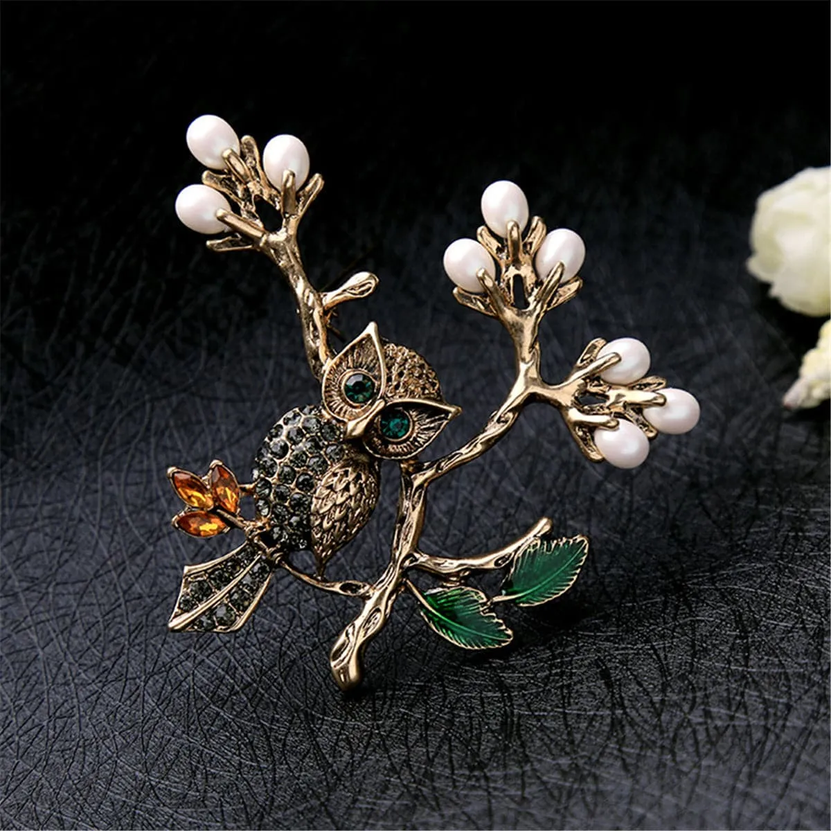 Pearl & Cubic Zirconia 18k Gold-Plated Owl Branch Brooch