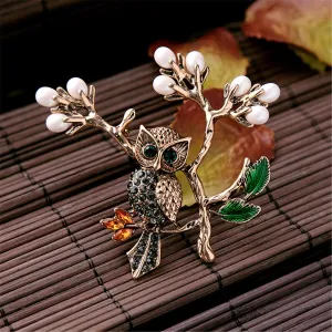 Pearl & Cubic Zirconia 18k Gold-Plated Owl Branch Brooch