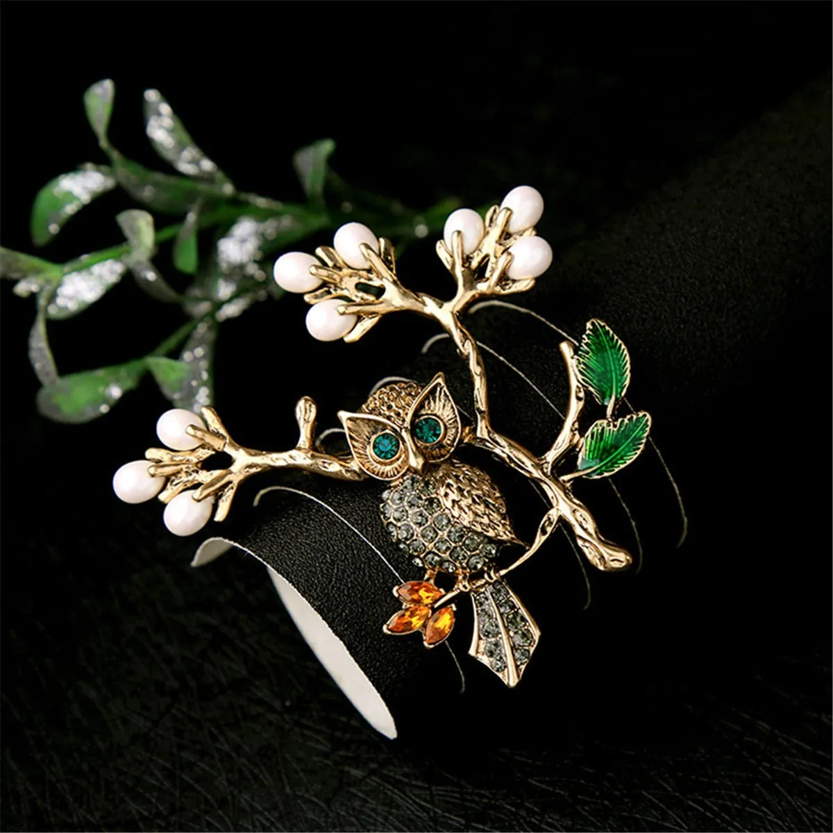 Pearl & Cubic Zirconia 18k Gold-Plated Owl Branch Brooch