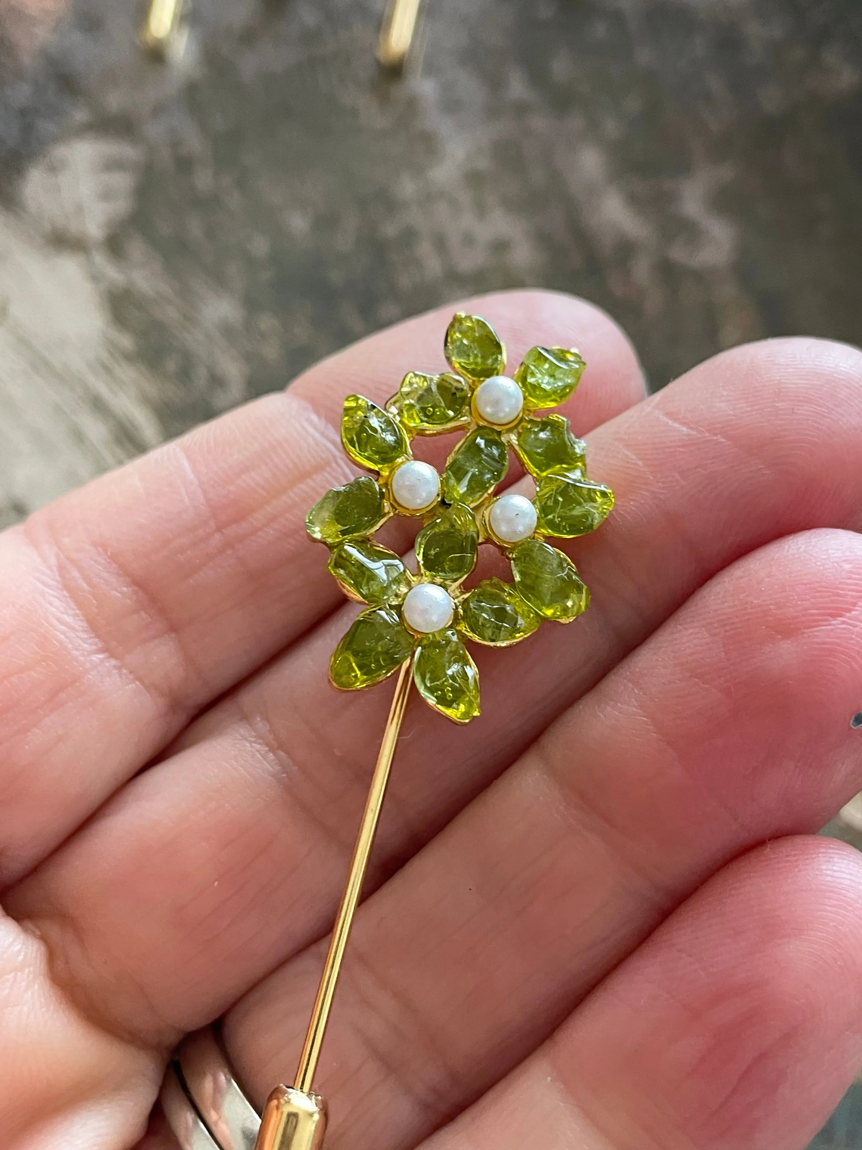 Peridot and Pearls Flower Stick Pin