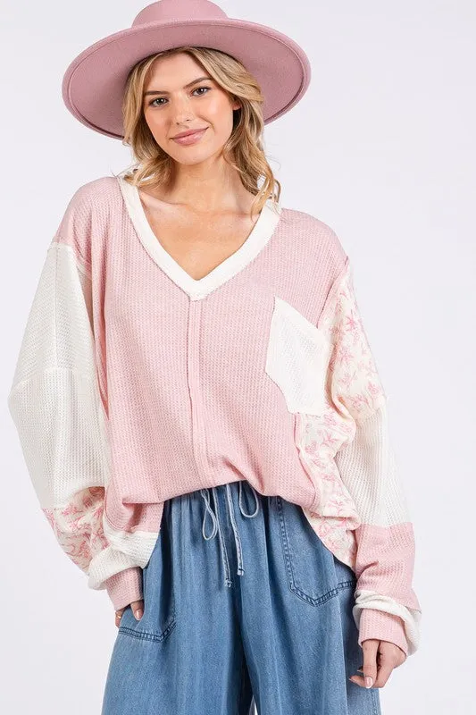 Pink Floral Long Sleeve V-Neck Waffle Knit Top