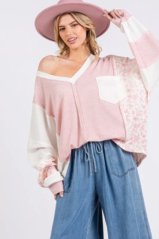 Pink Floral Long Sleeve V-Neck Waffle Knit Top