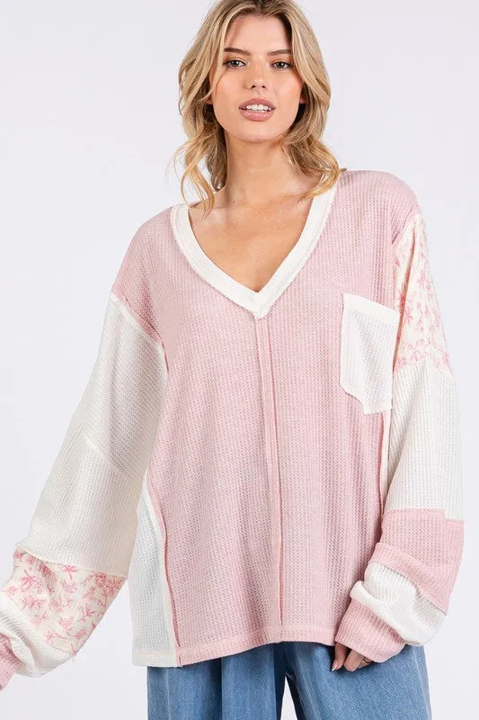 Pink Floral Long Sleeve V-Neck Waffle Knit Top