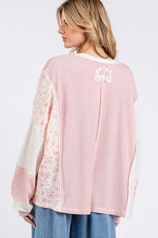 Pink Floral Long Sleeve V-Neck Waffle Knit Top