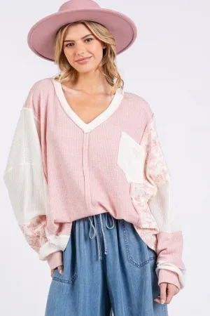 Pink Floral Long Sleeve V-Neck Waffle Knit Top