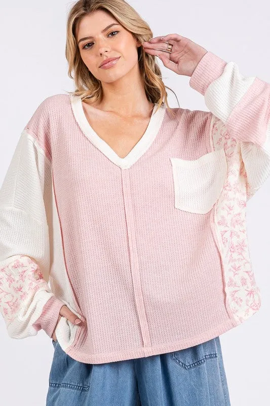 Pink Floral Long Sleeve V-Neck Waffle Knit Top