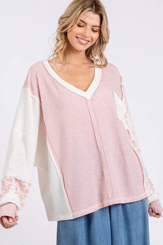 Pink Floral Long Sleeve V-Neck Waffle Knit Top