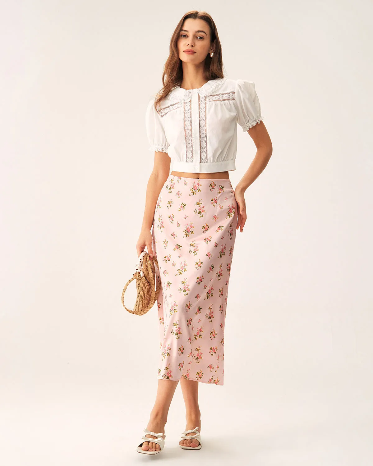 Pink Floral Satin Straight Midi Skirt