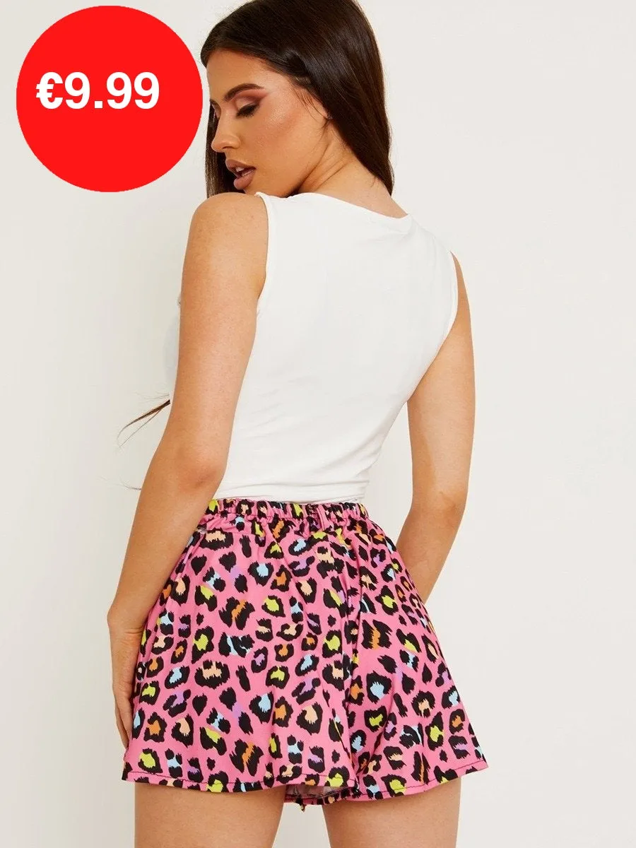 Pink Leopard Print High Waisted Flared Shorts