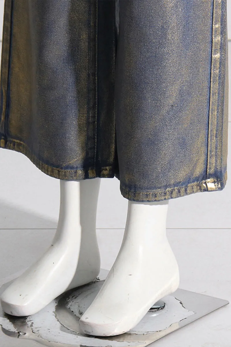 PL681 Metallic High Waist Straight Leg Jeans