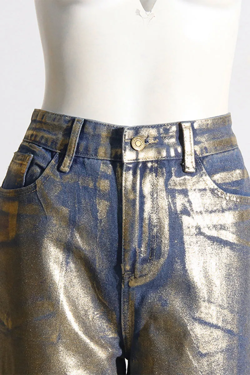 PL681 Metallic High Waist Straight Leg Jeans