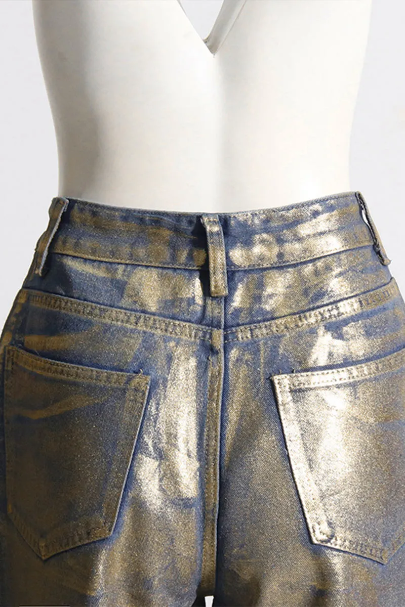 PL681 Metallic High Waist Straight Leg Jeans