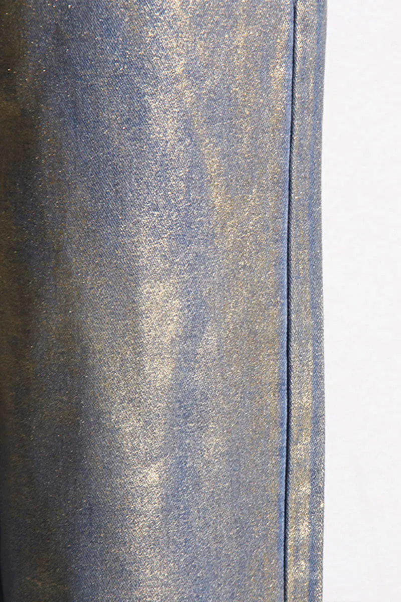 PL681 Metallic High Waist Straight Leg Jeans