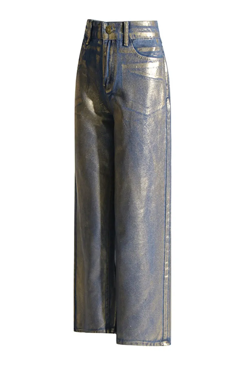 PL681 Metallic High Waist Straight Leg Jeans