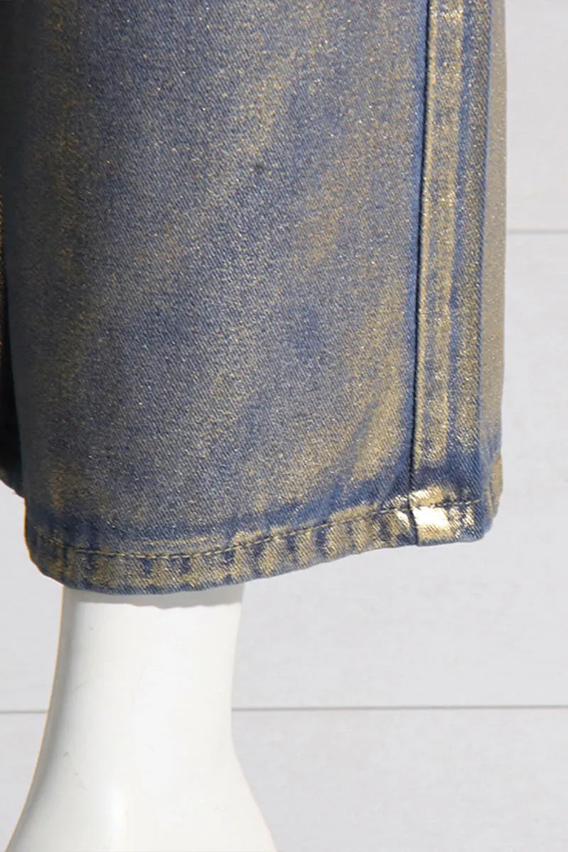 PL681 Metallic High Waist Straight Leg Jeans