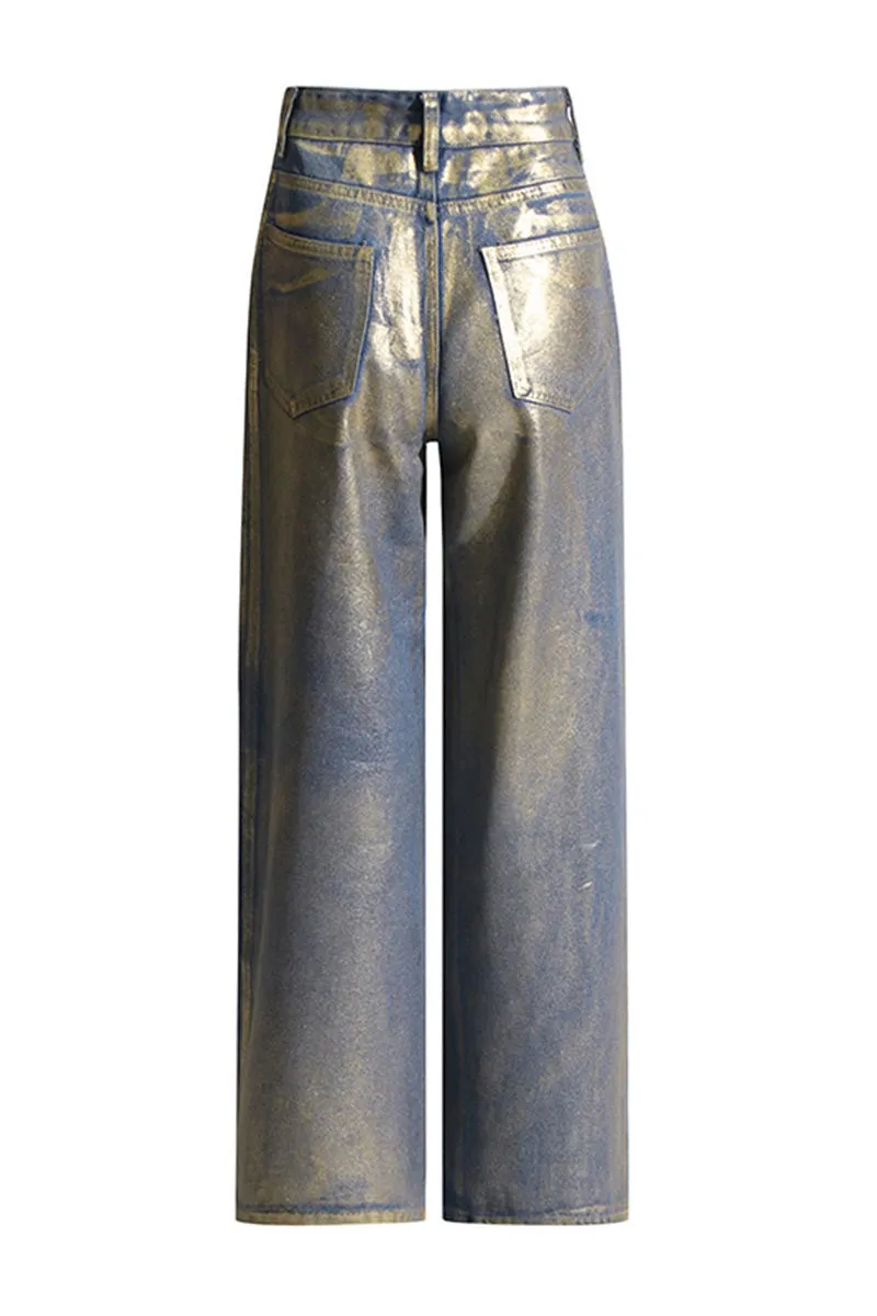PL681 Metallic High Waist Straight Leg Jeans