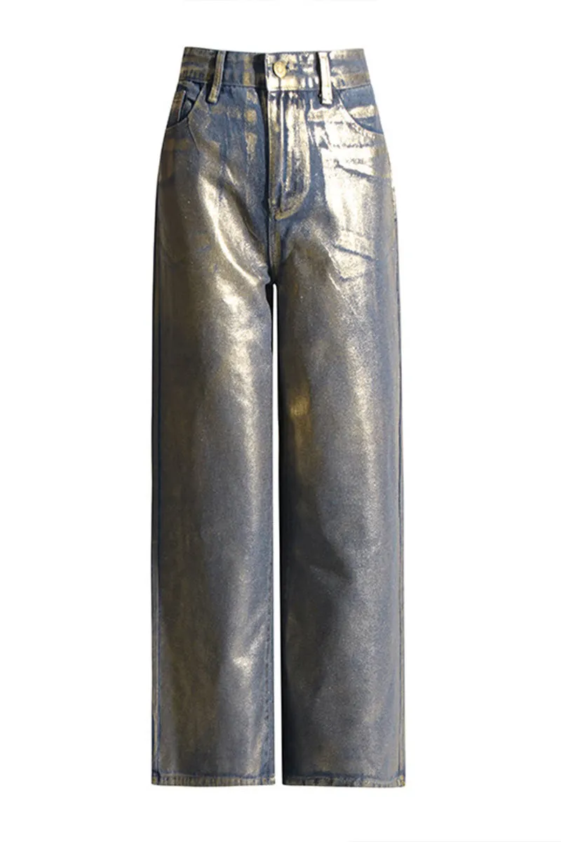 PL681 Metallic High Waist Straight Leg Jeans